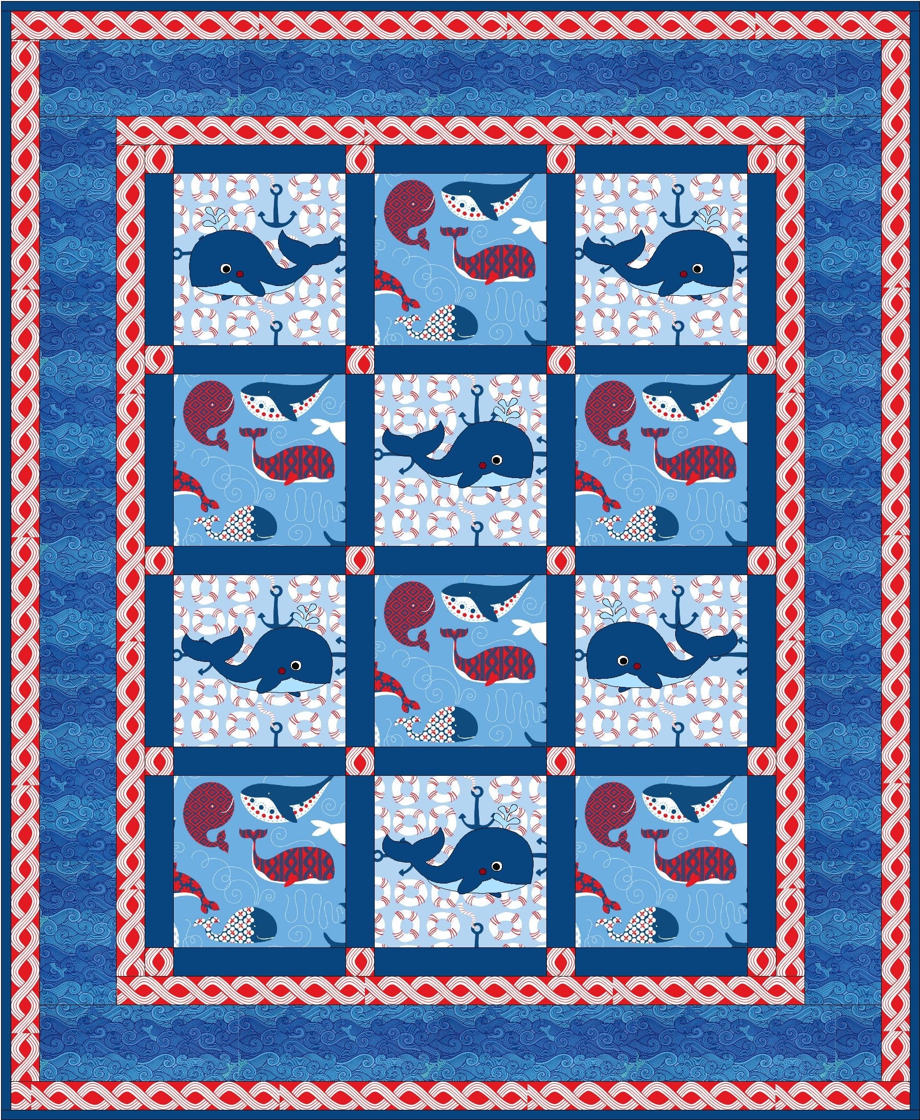 Baby Whales Gender Neutral Quilt Pattern - 3 sizes - Digital Download