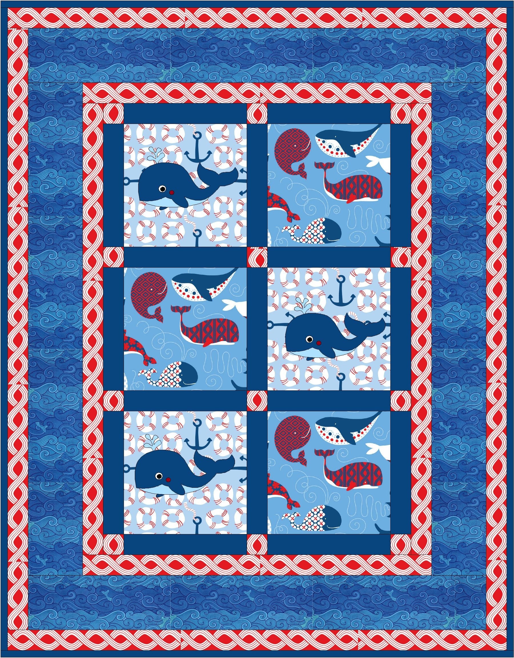 Baby Whales Gender Neutral Quilt Pattern - 3 sizes - Digital Download